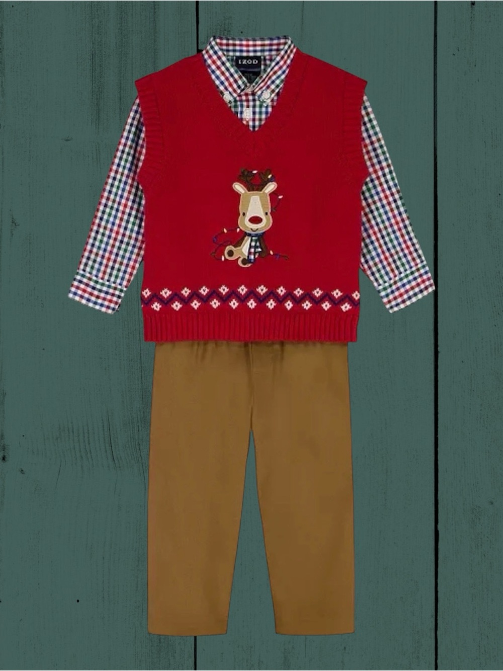 IZOD Baby Boy Christmas Reindeer Sweater Vest Shirt & Pants 3 Piece Set 24M NWT